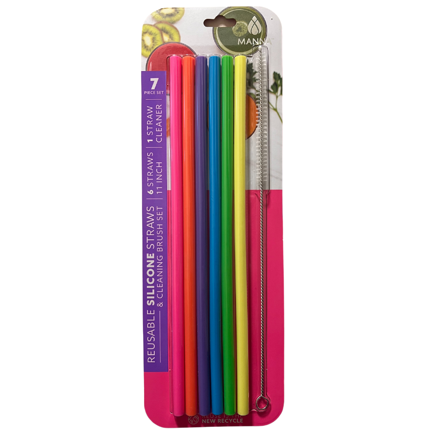 MANNA Reusable Bright Rainbow SILICONE 11 inch Straws ~ Set of 6 plus brush!